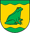 Das Gemeindewappen von Poggensee - 
Wappenbeschreibung:
In Grün einbreiter goldener Wellenbalken, belegt mit einem
linksgewendeten, sitzenden grünen Frosch in Seitenansicht.
